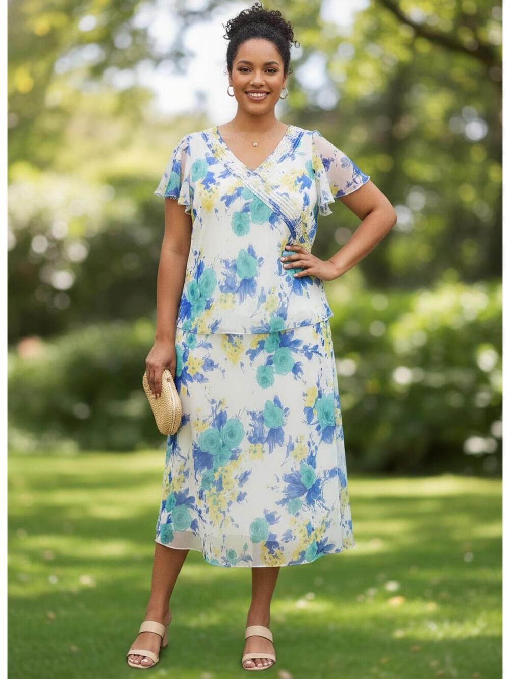 CATO Woman Floral Midi Dress Blue Yellow Green Size 16W